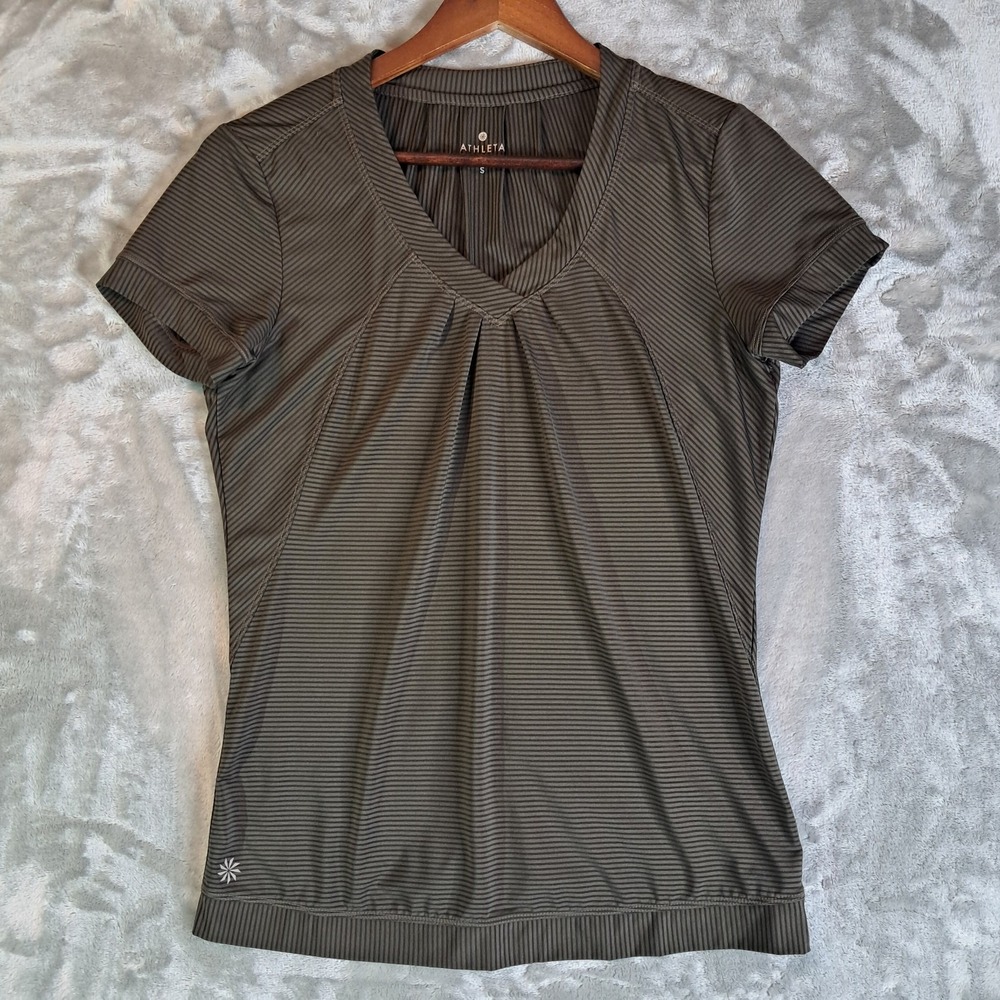 Athleta Velocity Top S Olive Green Micro Stripe V-Neck Short Sleeve Banded Hem